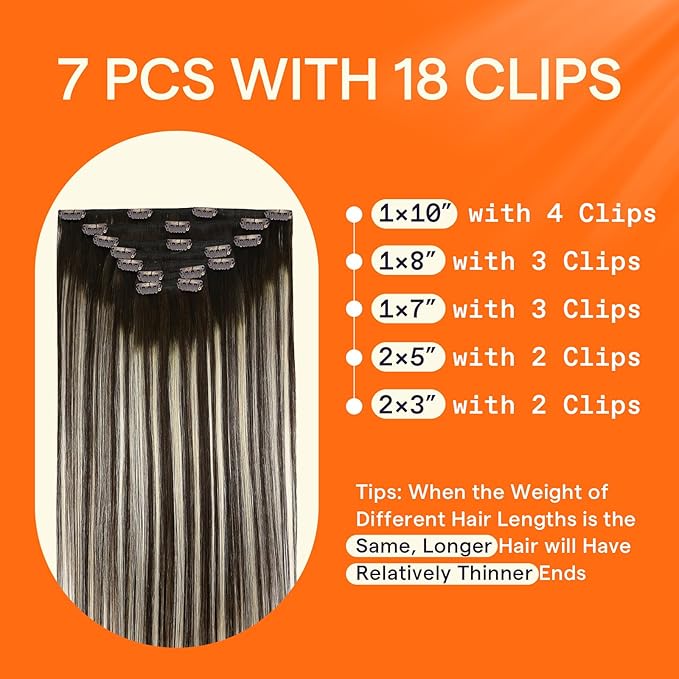 Full Shine Clip in Human Hair Extensions 16 Inch Clip in Extensions Brown Ombre Dark Brown Mix Platinum Blonde Straight Double Weft Brazilian Hair for Women 7 Pcs 120 G