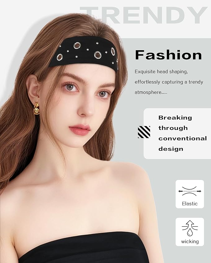 Grommet Headband for Women, Black Round Studs 23cm Hollow Out Elastic Hair Band, Eyelets Punk Grunge Stylish Hairband