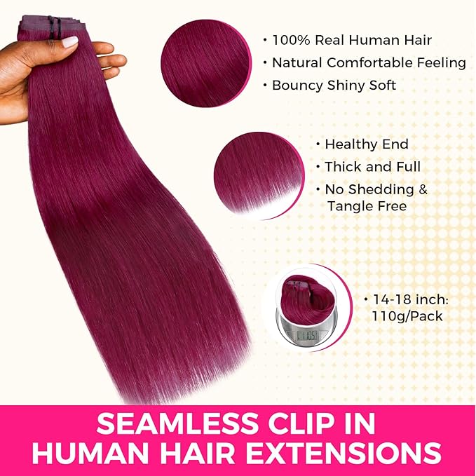 Lashey Seamless Clip in Hair Extensions Human Hair 110g 7pcs Burgundy #99j Straight 14 Inch Real Hair Extensions Clip ins with Soft PU Weft Invisible