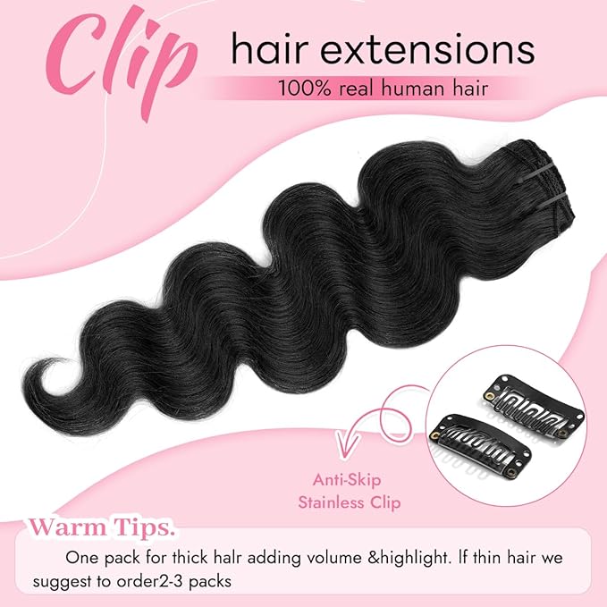 Clip in Hair Extensions Real Human Hair Body Wave 1B Natural Black Clip in 100% Brazilian Remy Human Hair Extensions 8pcs Per Set with 18 Clips Double Weft 22 Inch 110g/3.6oz