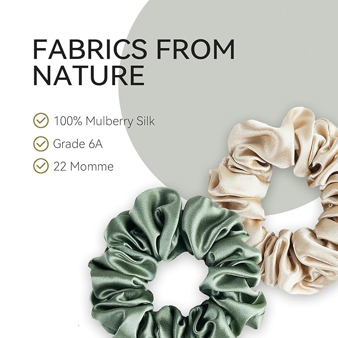 22 Momme 100% Mulberry Silk Scrunchies (2 Pack, Champagne), Well-Hold Elastic for No-Damage, 6A, Soft Hair Ties, Reduces Frizz & Breakage, OEKO-TEX Certified
