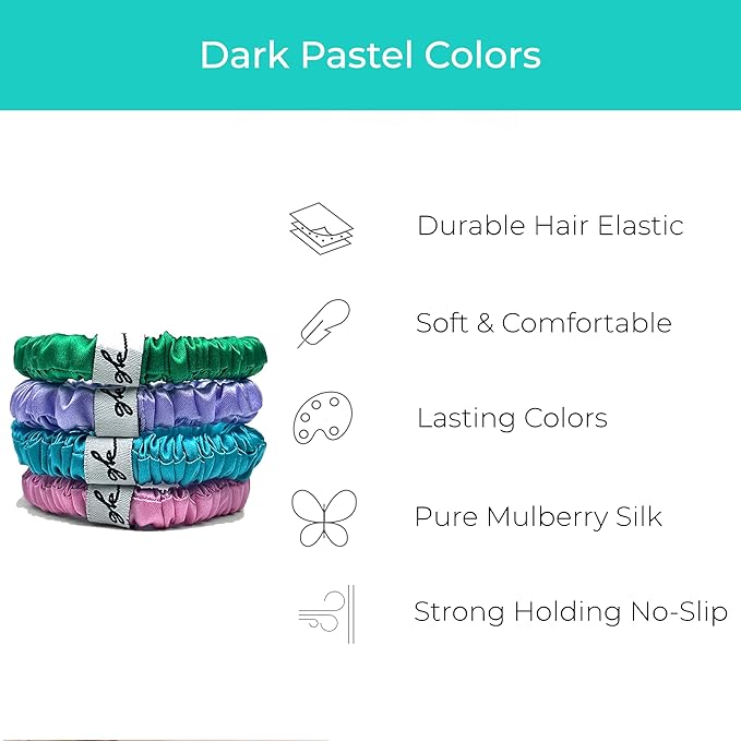 Silk Scrunchies for Women No Damage Mulberry Silk No Slip 4 Pack-Elastic Ponytail Girls Hair Ties | Skinny Hair Ties for Thin Thick Wavy or Curly Hair No Crease for Sleep and Sports (4, Dark Pastel)