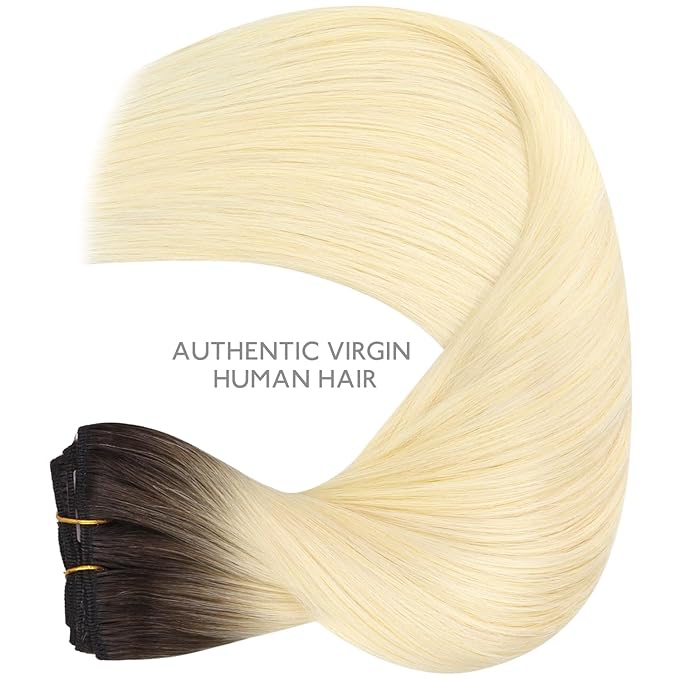 WENNALIFE Clip in Hair Extensions, 24 Inch 120g 7pcs Clip in Hair Extensions Real Human Hair, Ombre Light Dark Brown to Platinum Blonde Human Hair Remy Hair