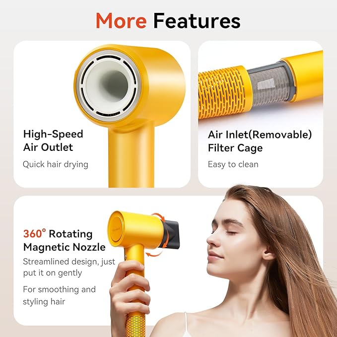 High Speed Hair Dryer - Ionic Hair Dryer for Women with brushless Motor, Fast Drying, Low Noise, Blow Dryer, with Magnetic Nozzle, Suitable for Home, Travel and Salon use (Yellow)