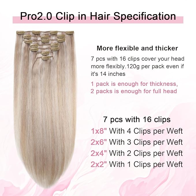 Pro2.0 Remy Clip in Extensions Real Human Hair Color #18p1000 Ash Blonde with Bleach Blonde Remy Clip in Hair Extensions Real Human Hair 18inch 120g Thick 7pcs Double Weft（#18P1000-18inch）