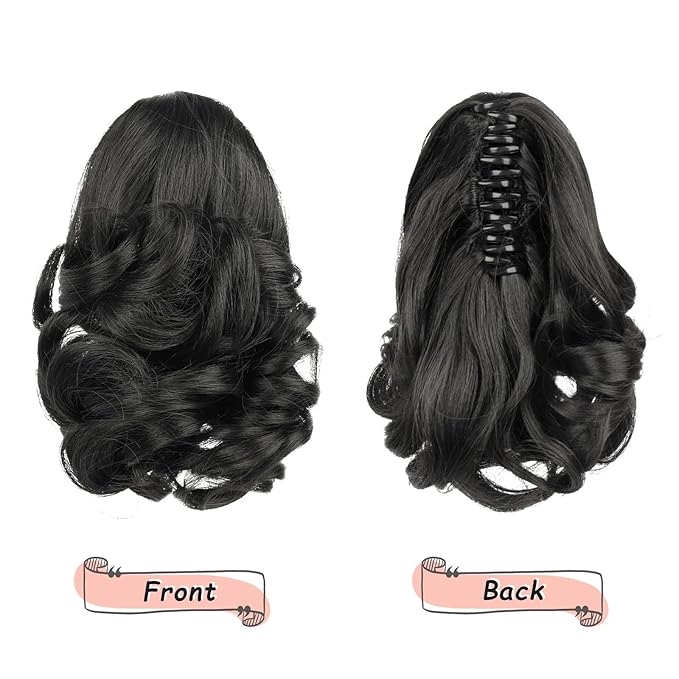 Ponytail Extension, Clip on Ponytails for Women, 9" Claw Clip in Short Curly Wavy Pony Hair Extension for Women - Natural Black