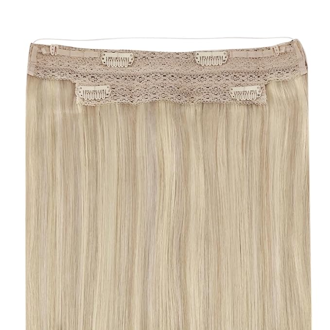 YoungSee 135g Invisible Wire Hair Extensions Real Human Hair Highlights Wire Human Hair Extensions Ash Blonde Highlights Bleach Blonde Headband Hair Extension Human Hair for Natural Look 24inch