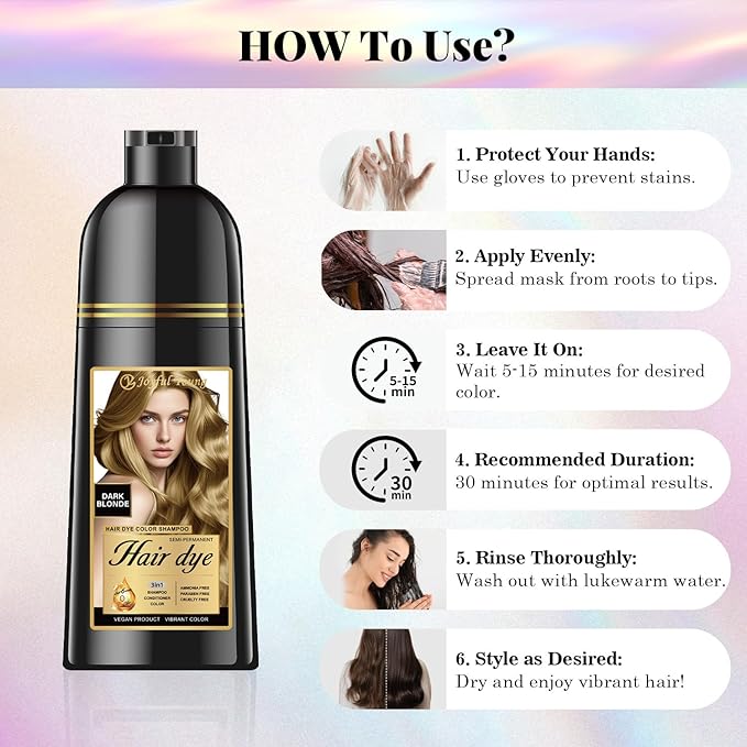 Natural Color Hair Dye Shampoo 3 IN 1, Instant Hair Coloring, Gray Coverage for Men & Women, Beard Dye Vegan Ammonia Free & Paraben-Free, Champú Para Canas Mujer & Hombre (DARK BLONDE)