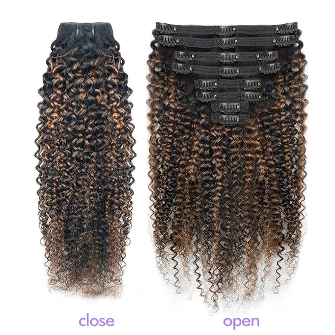 FB30 Highlight Ombre Curly Clip In Extension Human Hair 3C 4A Kinky Curly Clip Ins Full Head for Black Women Brazilian Remy Human Hair Balayage Brown 8Pcs with18clips 120g/Set (24 inch)