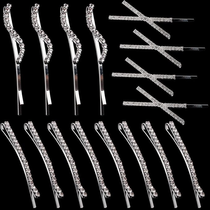 16 Pieces Rhinestone Bobby Pins, Fancy Metal Hair Clips, Crystal Shiny Barrettes, I S X Shaped Diamond Hair Accessories for Women Girls Wedding Prom Party (Silver)