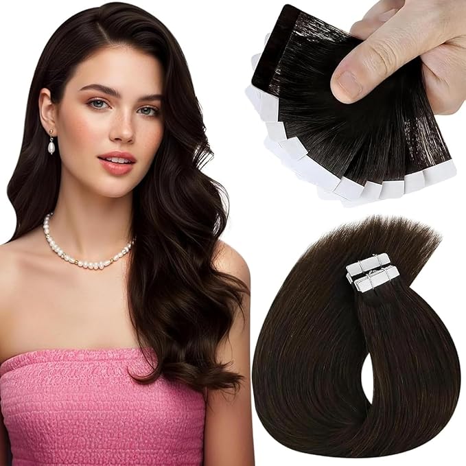 Sunny Hair Tape in Hair Extensions Real Human Hair Invisible Remy Hair Extensions Tape ins for Women Darkest Brown 16 inch 25G