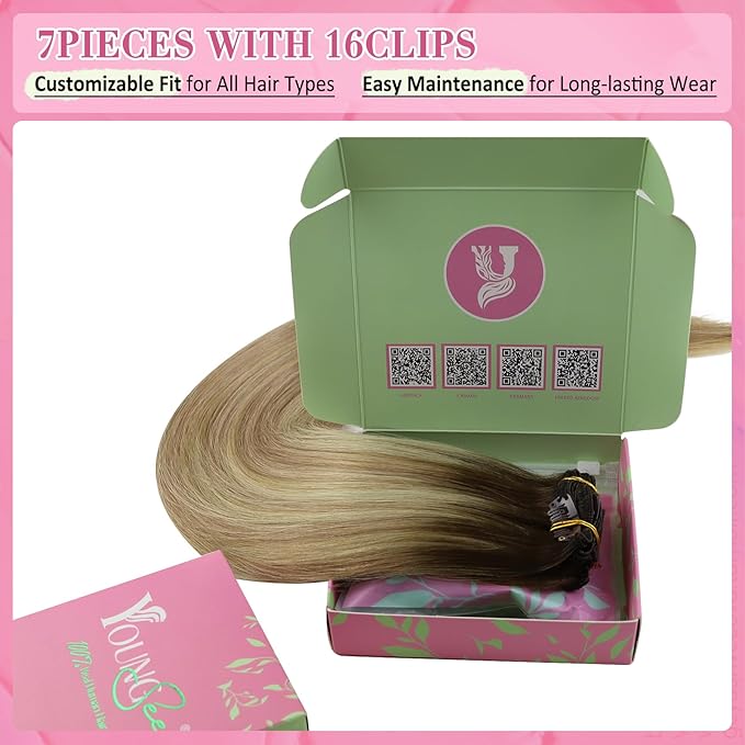 YoungSee Human Hair Clip in Extensions Balayage Clip in Human Hair Extension Walnut Brown Ombre Light Brown with Blonde Invisible Clip in Hair Extensions 24Inch 120G 7Pcs