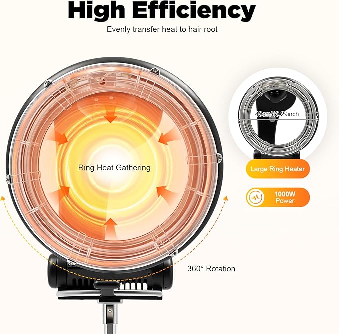 1KW Professional Hair Dryer, Salon Drying Perming Machine, 3 in 1 Orbiting Hair Steamer, Sit Under Salon Color Processor with Rolling Base