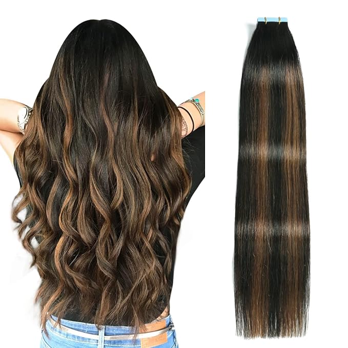 SUYYA Tape in Hair Extensions Human Hair Balayage Natural Black to Chestnut Brown 16 Inch 40g/pack 20pcs Straight Seamless Skin Weft Tape in Real Human Hair Extensions(16inch #P1B/6/T1B)