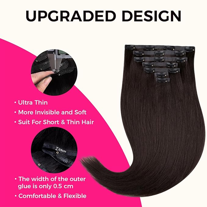 Lashey Seamless Clip in Hair Extensions Human Hair #2 Dark Brown Light Yaki Straight Clip in Extensions Real Human Hair 7pcs 110g 16 Inch PU Weft Natural Hair Extensions for Women