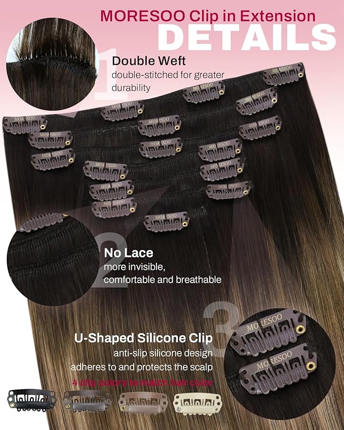 Moresoo Clip in Hair Extensions Human Hair Ombre Remy Clip in Extensions Human Hair Balayage Dark Brown to Dark Ash Blonde with Golden Blonde 7pcs/120g 24inch