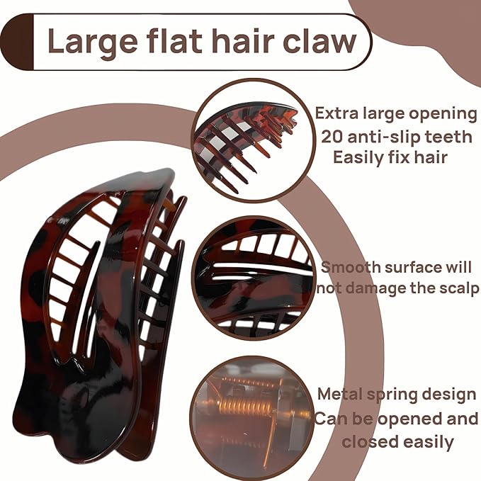 Women Flat Hair Clips,4-Pack French Large Matte Non-Slip Claw Hair Clips for Thick or Thin Hair (Red leopard print,Yellow leopard print,Black,Matte Dark Brown)