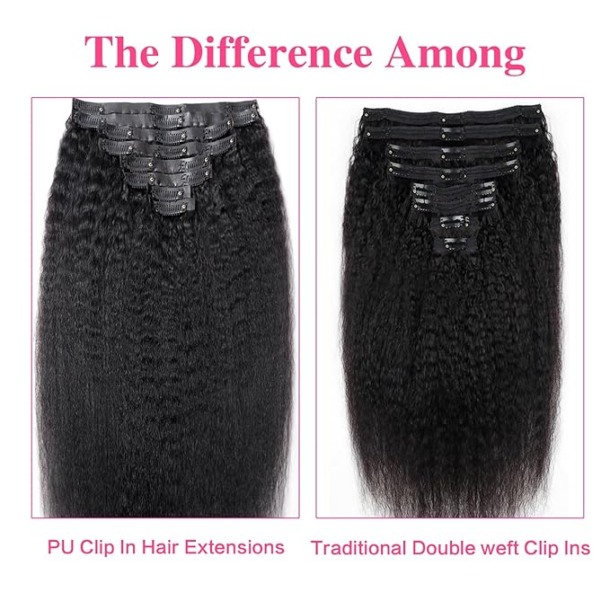 24 Inch Seamless Kinky Straight Clip Ins Hair Extensions PU Weft Kinky Straight Clip In Hair Extensions Real Human Hair Extensions 8pcs with 18Clips Per Set 120g
