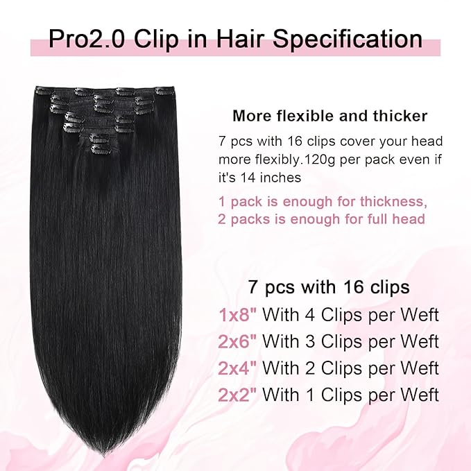 Pro2.0 Clip in Hair Extensions Real Human Hair 22inch 7pcs #1 Jet Black Remy Real Hair Extensions Clip in Human Hair 120g Thick Seamless Double Weft for Women（#1-22inch）