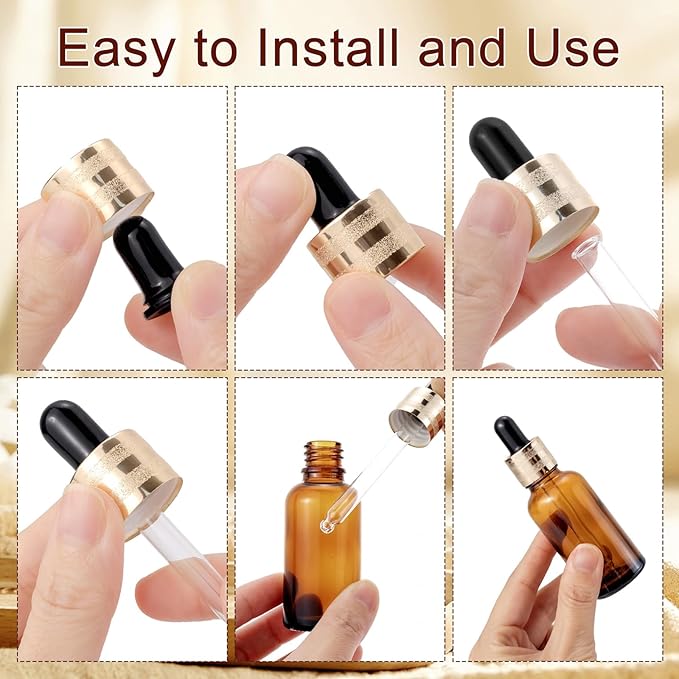 30 Pack 30ml Amber Glass Dropper Bottles with Droppers, Funnels & Labels for Essential Oils, 1oz Eye Dropper Bottles with Golden Caps, Brown Empty Glass Tincture Vials for Travel