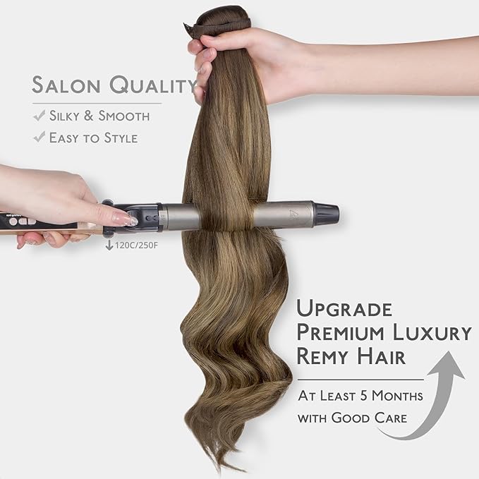 WENNALIFE Invisi Edge Clip in Hair Extensions Real Human Hair, 24 Inch 160g 7pcs Balayage Chocolate Brown to Caramel Blonde Seamless Clip in Extensions Remy Hair Clip Ins Invisible Skin Weft Straight