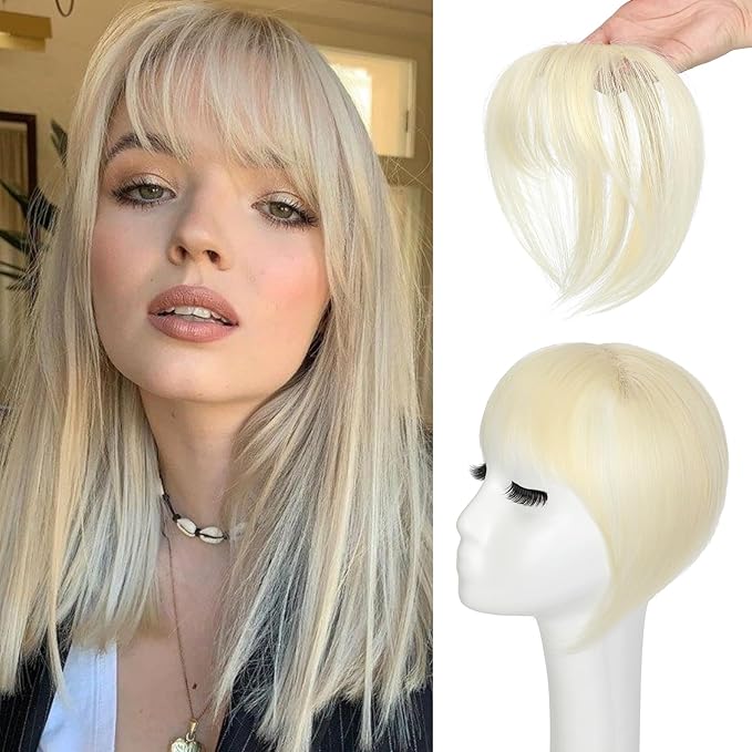 Bangs Hair Clip in Bangs 360°3D Cover Hair Topper Synthetic HairPieces for Women Bleach Blonde Wispy Fake Bangs Toppers for Daily Wear