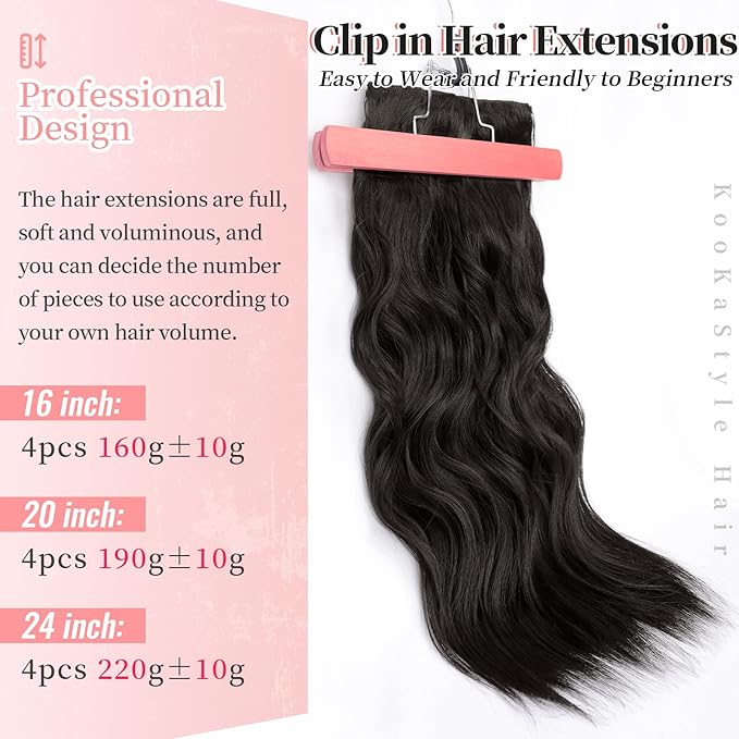 KooKaStyle Clip in Long Wavy Synthetic Hair Extension 20 Inch 4PCS Dark Brown Hairpieces Fiber Thick Double Weft Hair Extension for Women