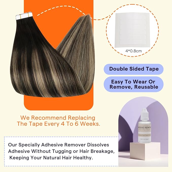 Full Shine Tape in Hair Extensions Human Hair Color 1B/27/1B Black with Blonde Extensions Tape in 20PCS Double Sided Tape ins Human Hair Extensions 50grams Remy Extensions 22 Inch Add Volume