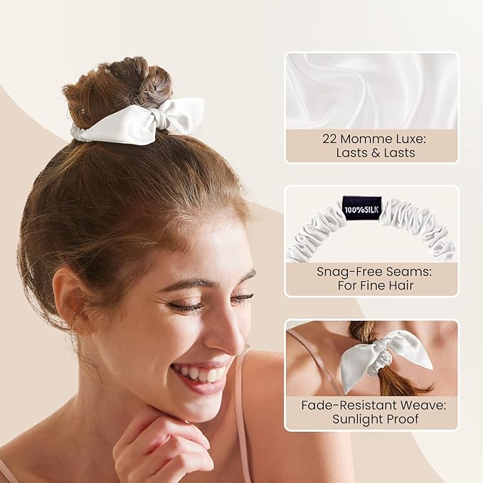 THXSILK 100% Mulberry Silk Bow Scrunchies 3-Pack, 22 Momme Mulberry Silk Hair Ties for Women, Cute Bunny Ear No Damage Ponytail Holders, Fashion Hair Accessories for Girls(S, Pearl White)