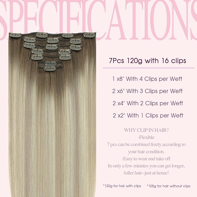 PINKPEARL Clip in Hair Extensions Real Human Hair, 22 Inch 120g 7pcs Human Hair Extensions Clip In, #8/60/18 Balayage Ash Brown to Platinum Blonde and Ash Blonde(#8/60/18-22)