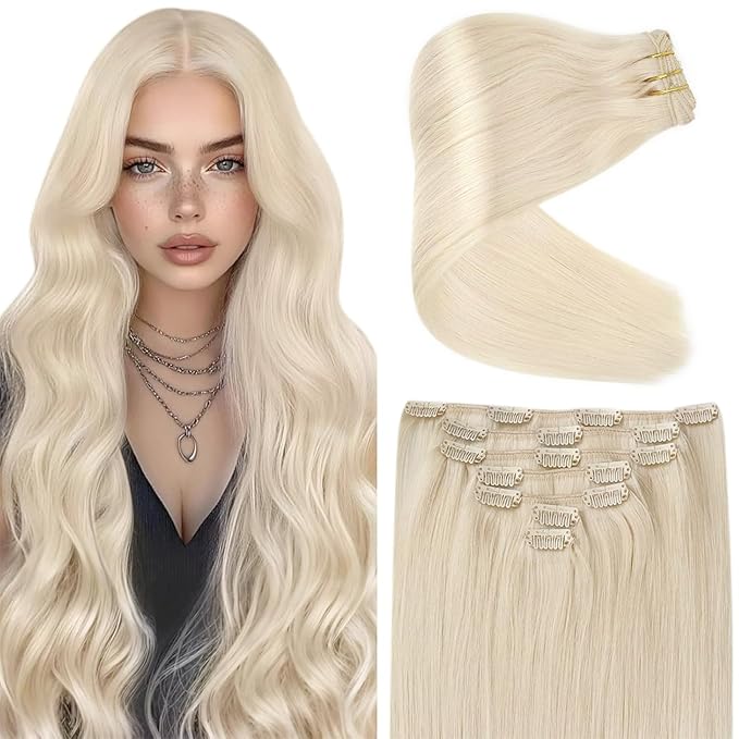 Ve Sunny Blonde Clip in Hair Extensions 22inch Platinum Blonde Human Hair Extensions Clip ins Long Hair Clip in Human Hair Extensions Color 60 Add Hair Length 7pcs 120g