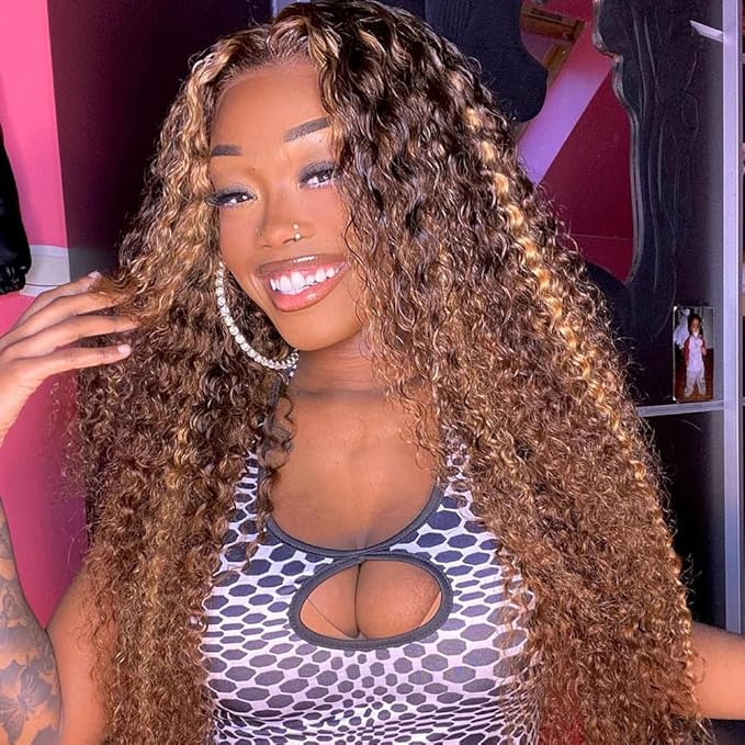 Bangjazz 13x4 Deep Wave Lace Front Wigs Highlight Ombre Human Hair 180% Density P4/27 Colored Glueless Curly Wigs for Black Women 18 Inch