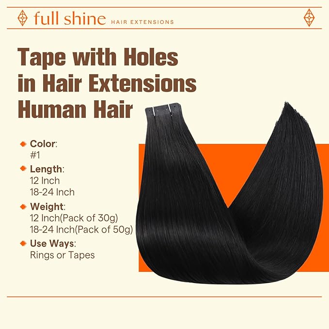 Full Shine Human Hair Tape in Extensions Color Jet Black 20Inch Skin Weft Tape in with Holes 20PCS 50G Straight Tape Extensions Human Hair for Wedding No Glue Soft Remy PU Hair Extension