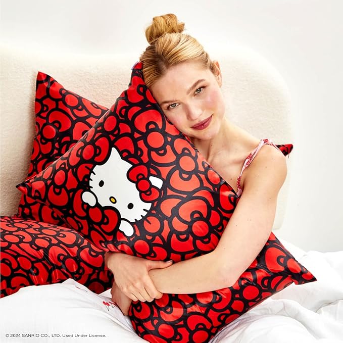Kitsch x Hello Kitty Pillow Case – Sea of Bows Toddler Bed Time Satin Pillowcase with Zipper – Soft Cooling Pillow Cover for Hair & Skin – Better Than Silk Pillowcase – Queen/Standard 19x26