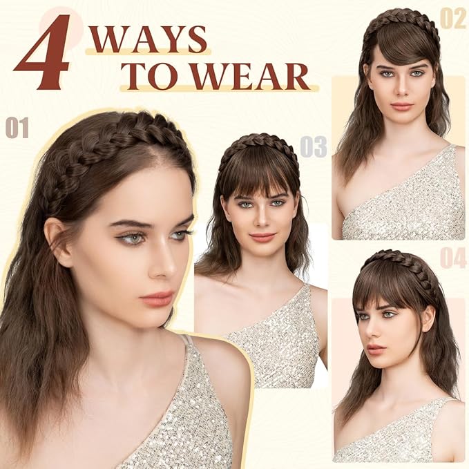 SARLA Braided Headband with 3 Detachable Clip in Bangs Fringe Hairpieces Fake Synthetic Hair Band Bangs for Women Dark Grey