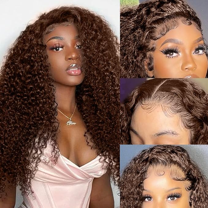 250% Density 32 Inch Mongolian Deep Lace Front Wigs Human Hair 13x6 Auburn Brown HD Transparent Lace Front Wigs for Women With Baby Hair Chocolate Curly Lace Front Wigs
