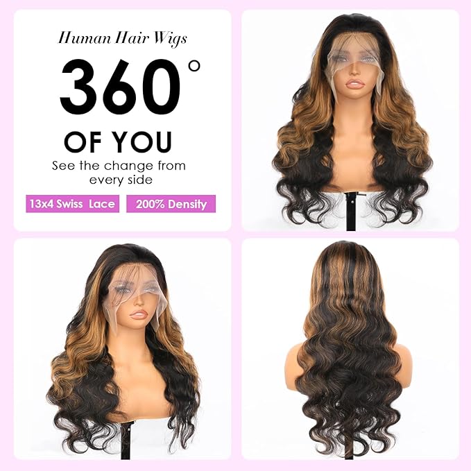 Body Wave Lace Front Wigs Human Hair 1B/30 Highlight Ombre Lace Front Wig Human Hair 13x4 Transparent Lace Frontal Black with Brown Highlight Wig for Women 200 Density Glueless Wigs 24 Inch