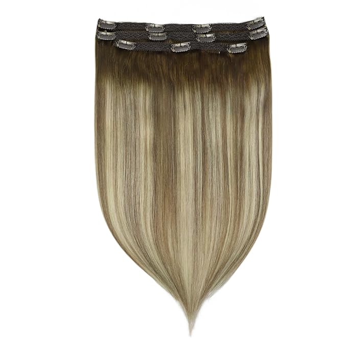 Full Shine Ombre Clip in Extensions Medium Brown to Ash Brown Mix Dirty Blonde 18 Inch Straight Clip in Hair Extensions Real Human Hair Invisible Lace Weft Clip ins Balayage Real Hair Extensions