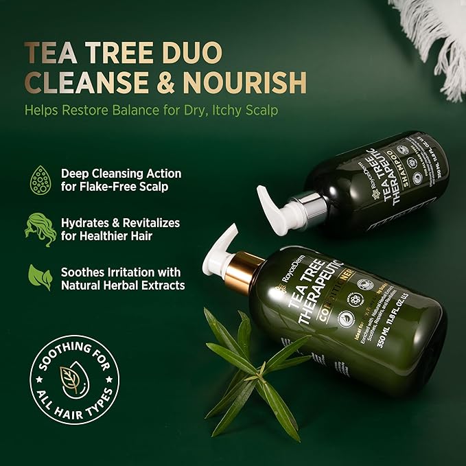 Roycederm Tea Tree Antifungal Scalp Care Set – Pre-Shampoo Scrub + Tea Tree Antifungal Shampoo + Hydrating Conditioner – Itchy & Dry Scalp Relief, Dandruff & Folliculitis Treatment