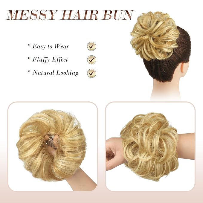 FESHFEN Messy Bun Hair Pieces - Large Wavy Curly Elastic Hair Bun Scrunchies Ponytail Extensions Synthetic Chignon Hairpieces for Women, Strawberry Blonde & Bleach Blonde 1.94oz