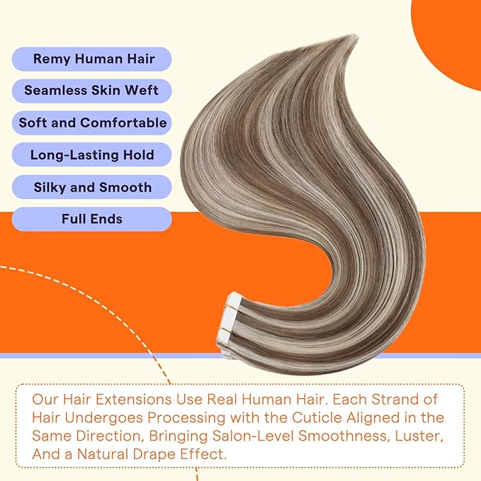 Full Shine Hair Extensions Real Human Hair Tape in 18 Inch 50 Grams Remy Tape Ins Human Hair Extensions Color 8 Ash Brown Highlighted 60 Blonde Seamless Straight Extensions 20PCS