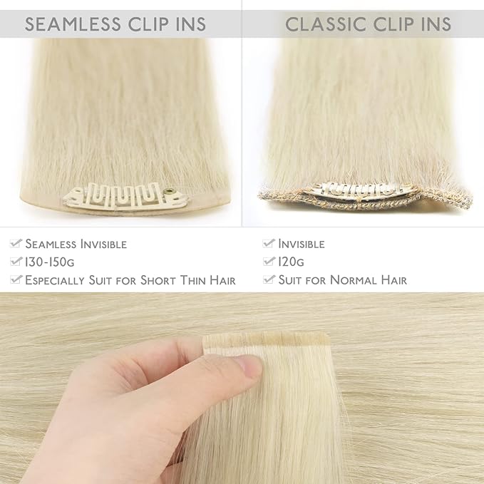 WENNALIFE Seamless Clip In Hair Extensions Human Hair, 16 Inch 130g 7pcs Bleach Blonde Real Hair Extensions Clip in Human Hair Invisible PU Skin Weft Natural Remy Human Hair Extensions
