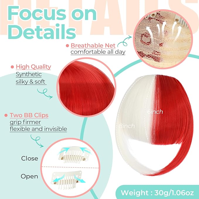 Clip in Bangs, Synthetic French Bangs Hair Clip, Fake Bangs Fringe with Temples Hairpieces for Women Natural Curved Hair Extensions for Daily Wear White mix Red