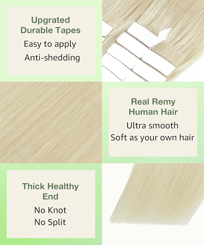 SURNEL Tape in Hair Extensions Human Hair Color #60 Platinum Blonde Remy Tape in Hair Extensions 20 inch 20pcs 50g(#60-20)
