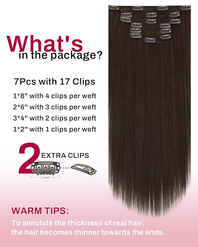 Moresoo Brown Hair Extensions Clip in Real Human Hair Medium Brown Remy Clip in Hair Extensions Human Hair #4 7pcs 120Grams 24inch
