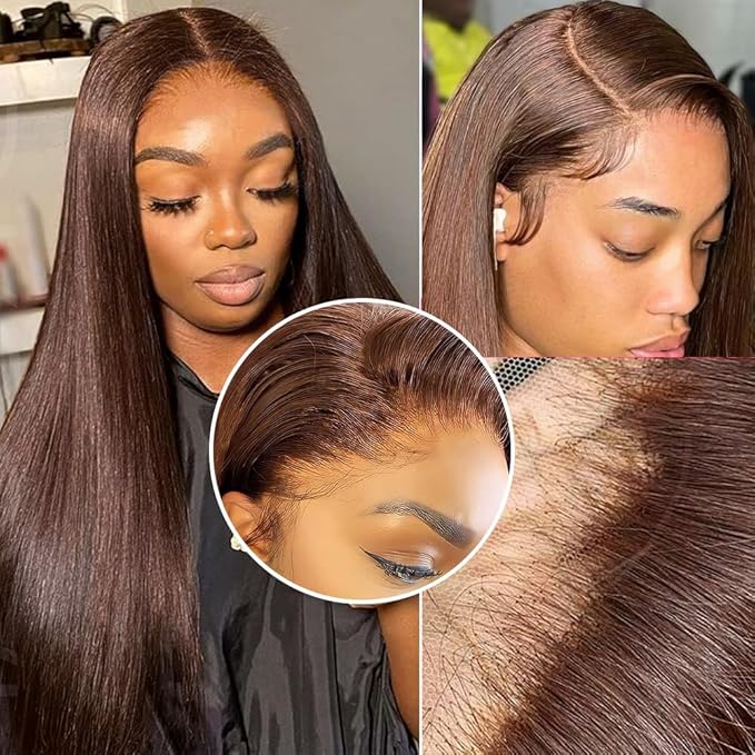 Hermosa 13x4 Brown Lace Front Wigs Human Hair Pre Plucked Hairline 180 Density Straight Lace Frontal Human Hair Wigs for Women 4# Brown Color 18 Inch