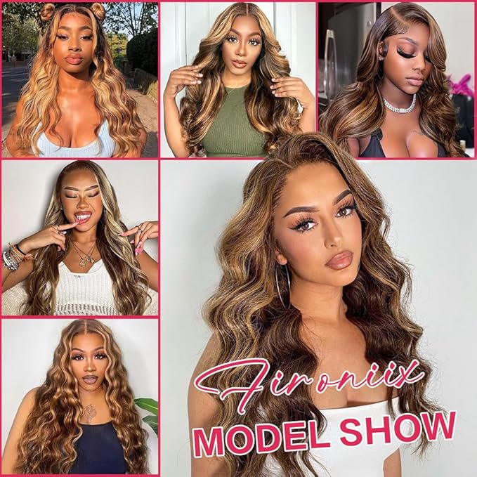 Highlight Ombre 13x6 Lace Front Body Wave Wigs Human Hair Pre Plucked 4/27Honey Blonde HD Transparent 13x6 Body Wave Frontal Wigs With Baby Hair 32Inch