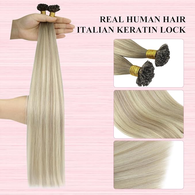 YoungSee Balayage U Tip Hair Extensions Human Hair Balayage Blonde Ombre Platinum Blonde U Tips Remy Hair Extensions 16In 1G/S 50G