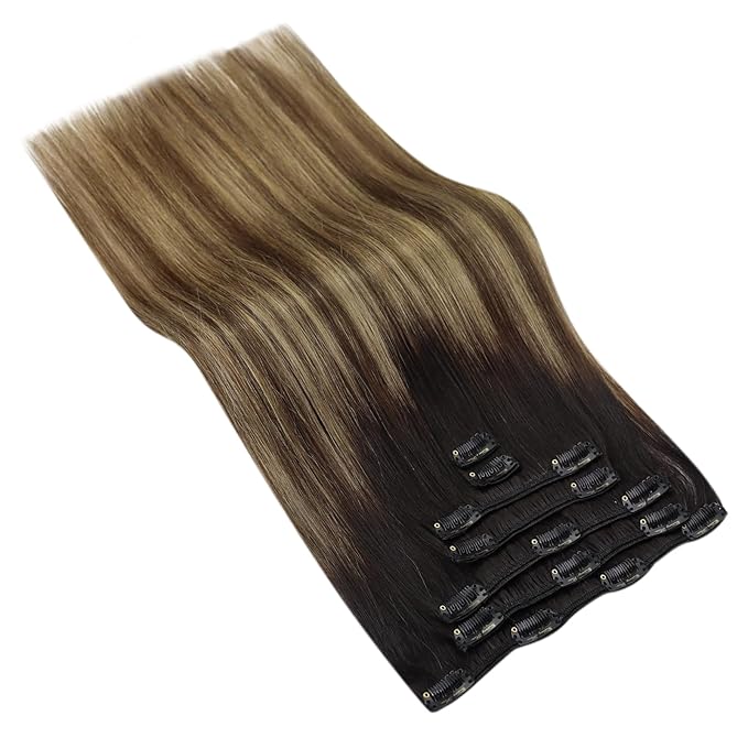 Ve Sunny Clip in Hair Extensions Real Human Hair Black Ombre Clip in Human Hair Extensions Black with Brown Blonde Balayage Hair Extensions Clip ins Short Hair 12Inch 80g