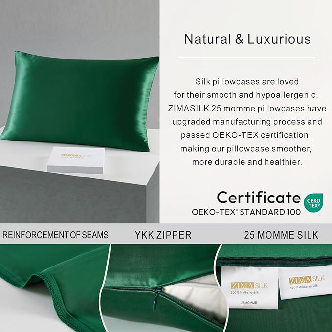 ZIMASILK 25 Momme 100% Pure Mulberry Silk Pillowcase for Hair and Skin Care, Highest Grade 6A Pillow Cases for Women, Long-Lasting Durablity, Gift for Women Men, 1Pc (Queen 20"x30", Blackish Green)